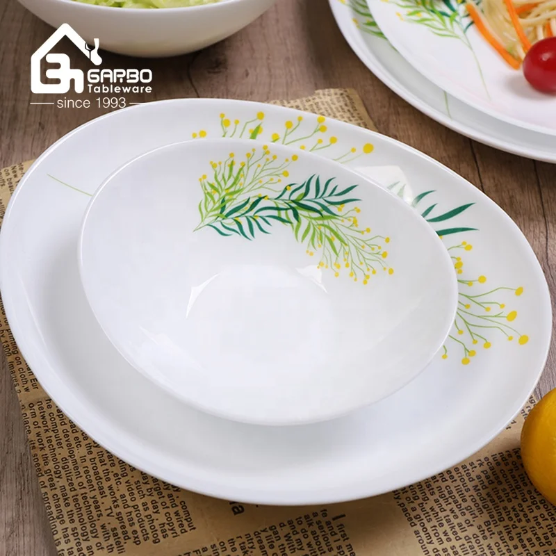 Manufacturer opal glass dinnerware set with decal and heat resistant luxury dinner set with 9inch opal glass  plate and bowl set