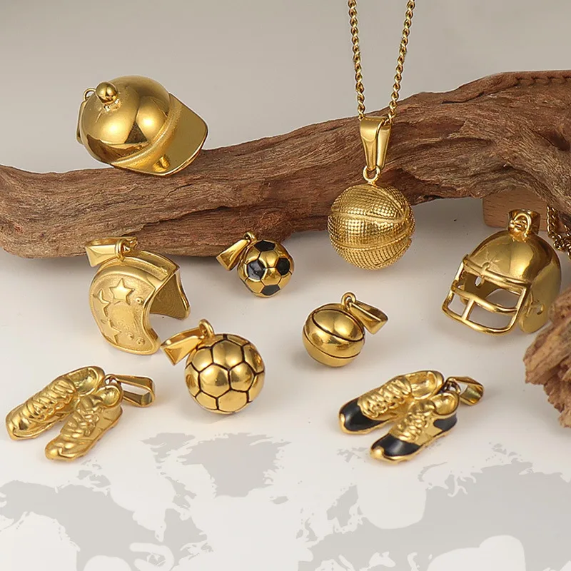Hip Hop Football Sports Pendant Stainless Steel 18K Gold Plated Football Helmet Soccer Ball Charm Pendant For Men Jewelry
