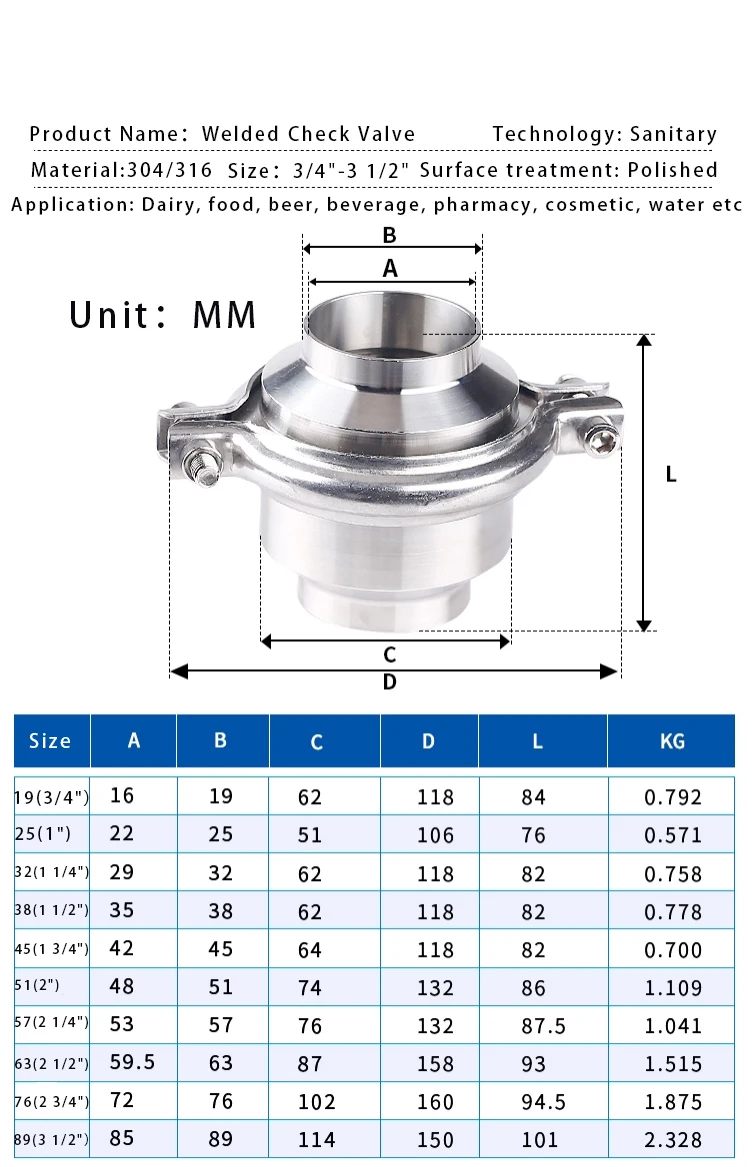 KQ low price SS 304 316L stainless steel one way non return metal NRV 3/4 2' 4 inch sanitary welded check valve