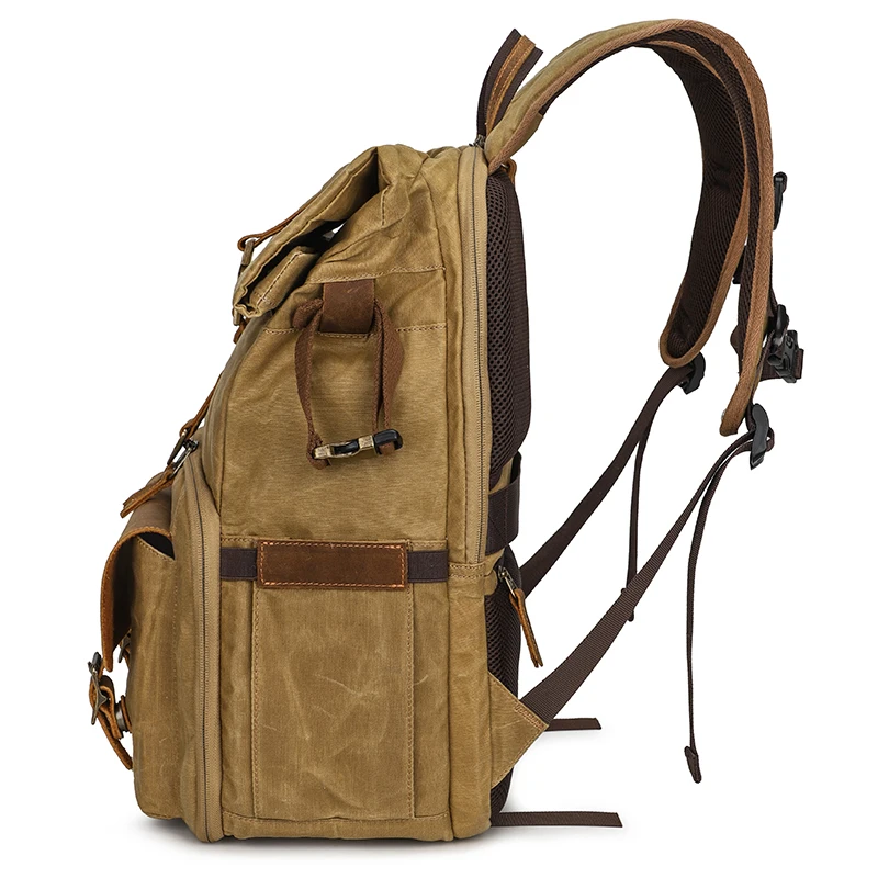 Quick Side Acess Vintage Rolltop Rucksack Oil Wax Canvas Camera Bag Backpack for dslr and Laptop Camcorders