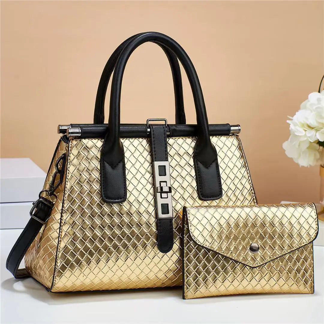 Wholesale woven women purse and handbag fashion shoulder pu leather hand bag set