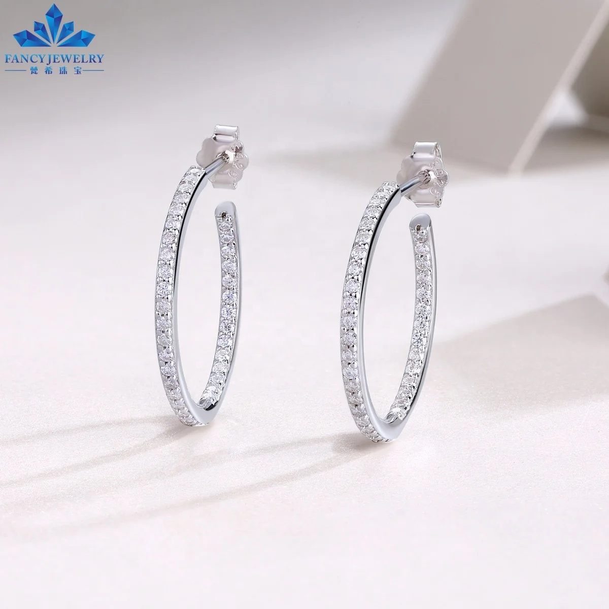 Fine Jewelry Earrings Silver 2.0mm18K White Gold Plated 925 Sterling Silver VVS D Color Moissanite Stud Earrings Hoop Earrings