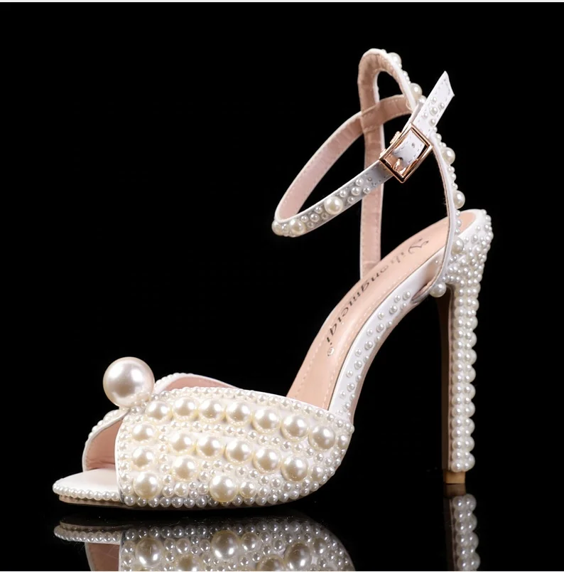 11cm Womens Peep Toe Stiletto Heeled Sandals Shiny Pearl Buckle Ankle Strap Wedding Pumps Dress Evening Bride Bridal Shoes