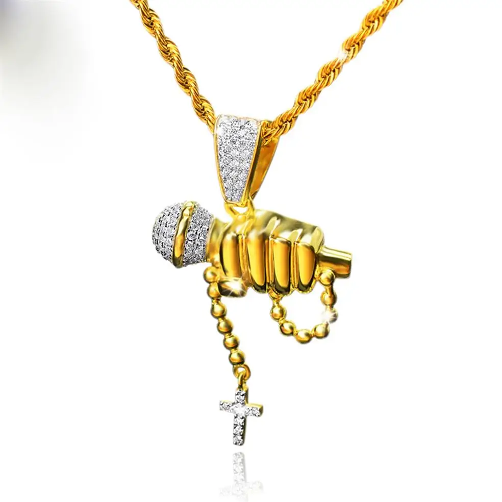 Men Rapper Jewelry Pave Cz Rock Music Iced Out Zircon 925 Sterling Silver Microphone Pendant Necklace