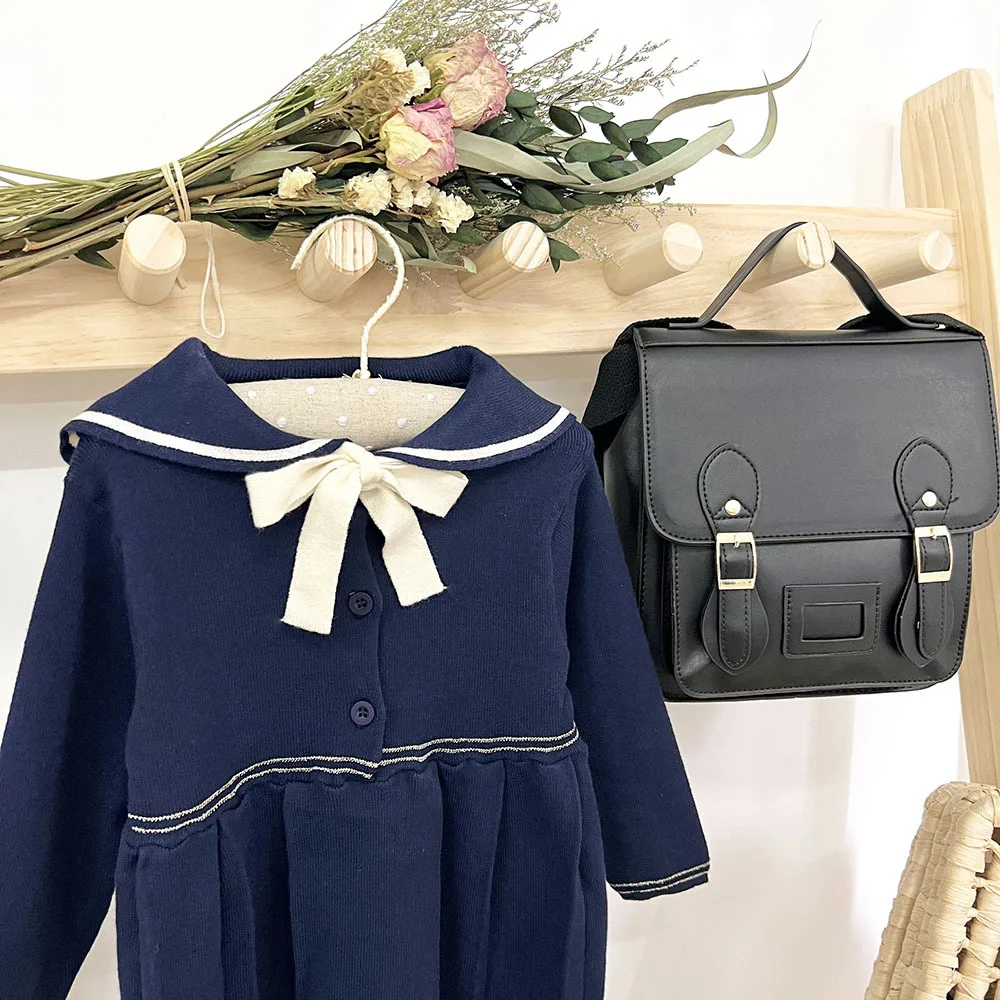 Autumn baby girl children knitted dress navy collar girl's academy style pleated dress