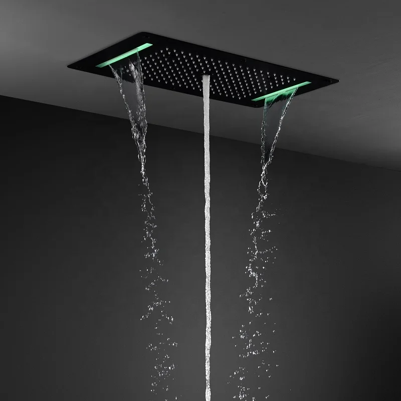 380*700 MM 304 SUS LED Matte black Embedded ceiling shower head rainfall waterfall column spray bathroom Thermostatic shower