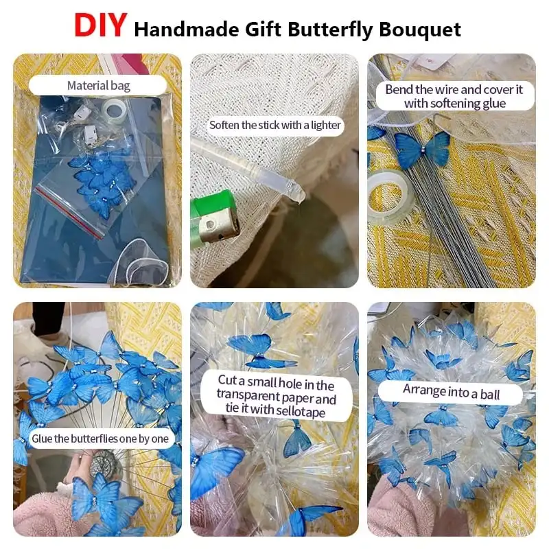 Artificial Flower Bouquet 33pcs with LED String Lights DIY Butterfly Bouquets for Woman Lovers