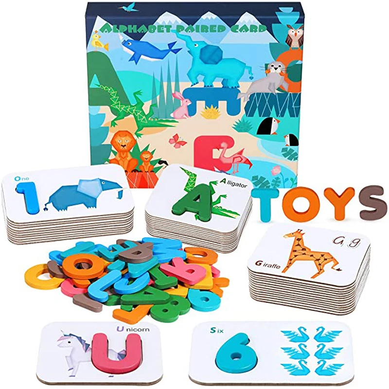 Alphabet Numbers Flash Cards for Toddlers 3-6 Years, ABC Learning Toys Wooden Letters and Numbers Animal Card Board