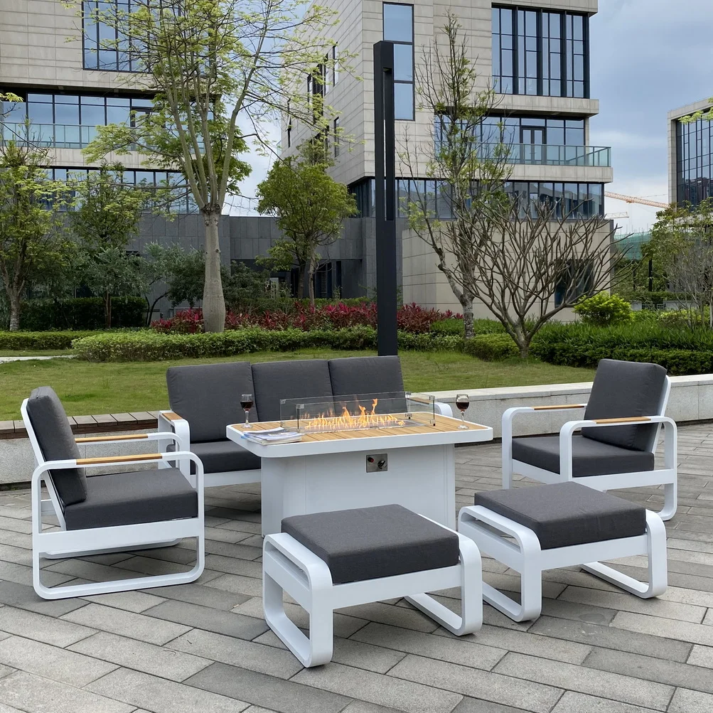 50 Inch Teak Wood Outdoor Furniture  Fire Pit Table  with Teak Wood Sofa Set