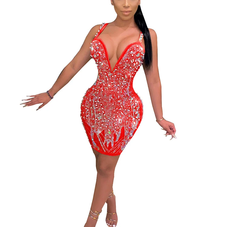 2021 New Style Wholesale Colorful Hot Drilled Sleeveless Ladies Evening Party Club Dress For