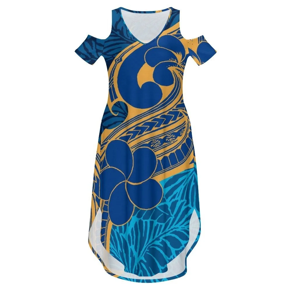 Pacific island Tapa Luxury Design Tropical Pattern sexy cold shoulder hawaii tropical summer beach dress polynesia Dress