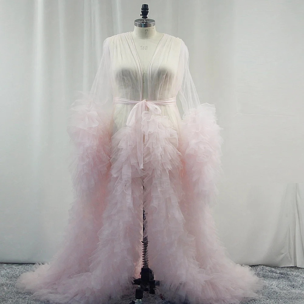 
RSJ149 Sexy Wedding Bridal Fluffy Ruffle Maternity Robe Photoshoot Dress Pink Sheer Sexy Robe Tulle Illusion Long Birthday Robe 