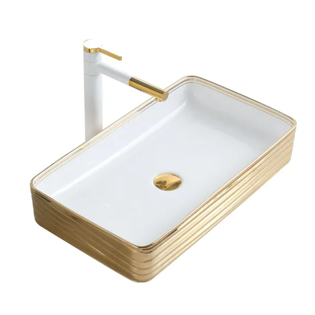 Emboss White Gold Basin Table Top Wash Basin Sink Bathroom Vessel Sink Gold Rim Lavabo Modernos Dorado