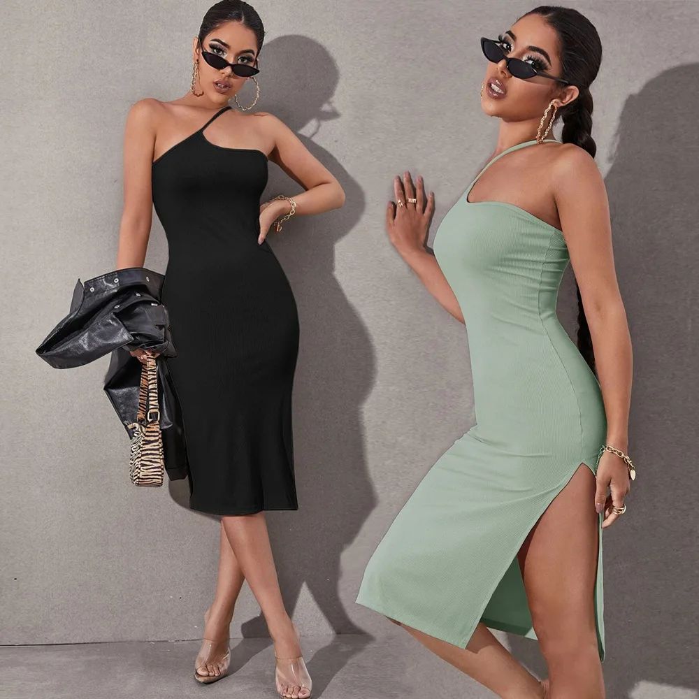 Women Solid Color One Slanting Shoulder Sleeveless Lady Summer Dress Hollow Out Bodycon Dresses
