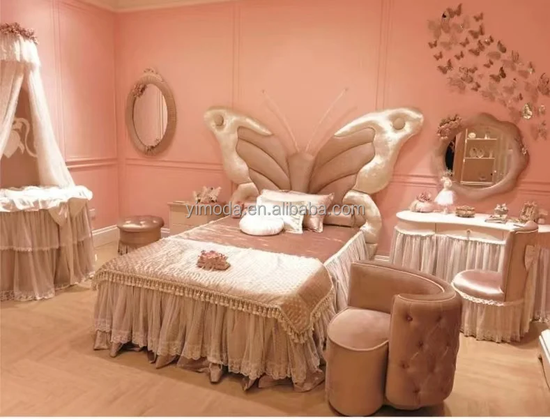 Top end Princess kid butterfly Bed Solid Wood Antique Hand Carved wooden Beds Luxury Palace princess pink Bed