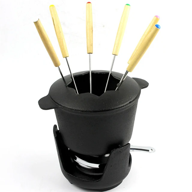 Non Stick Cast Iron Cookware OEM Cheese Mini Chocolate Fondue Warmer Set With 6 Forks