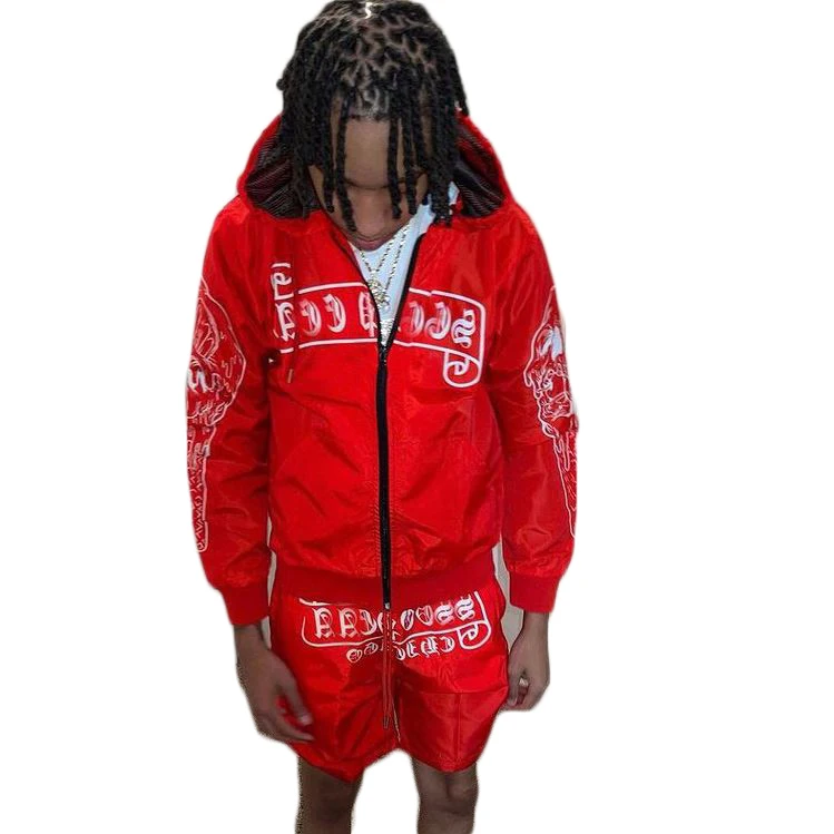 OEM windbreaker wind breaker sets Windproof men custom Polyester Tracksuit Zipper Hoodie And Shorts two piece set