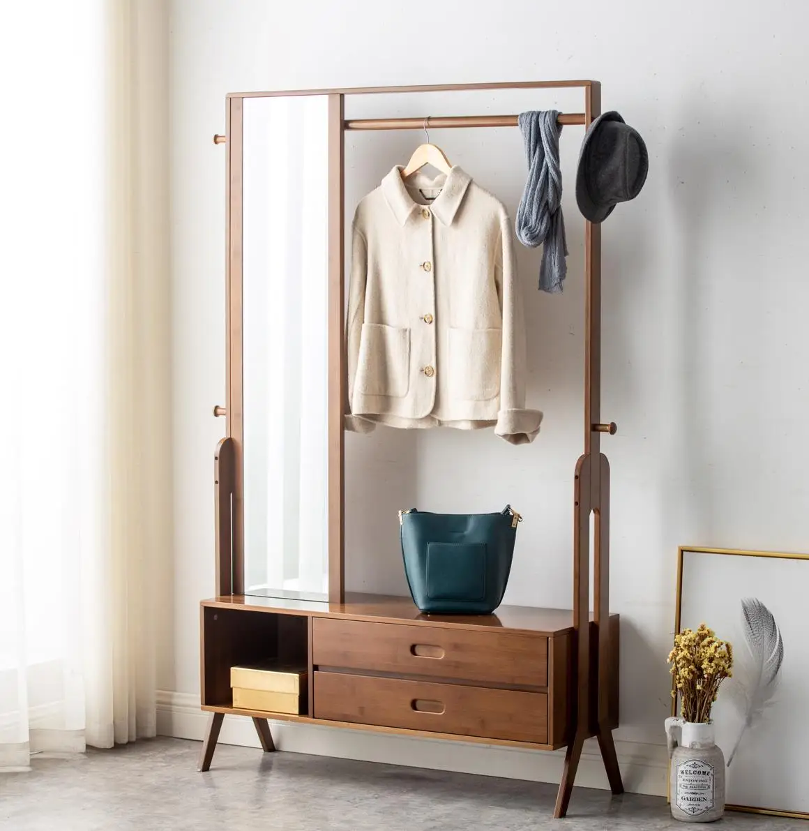 Hot Sale Bamboo Multifunction Standing Wood Coat Rack Bamboo Coat Hanger Racks Cabinet