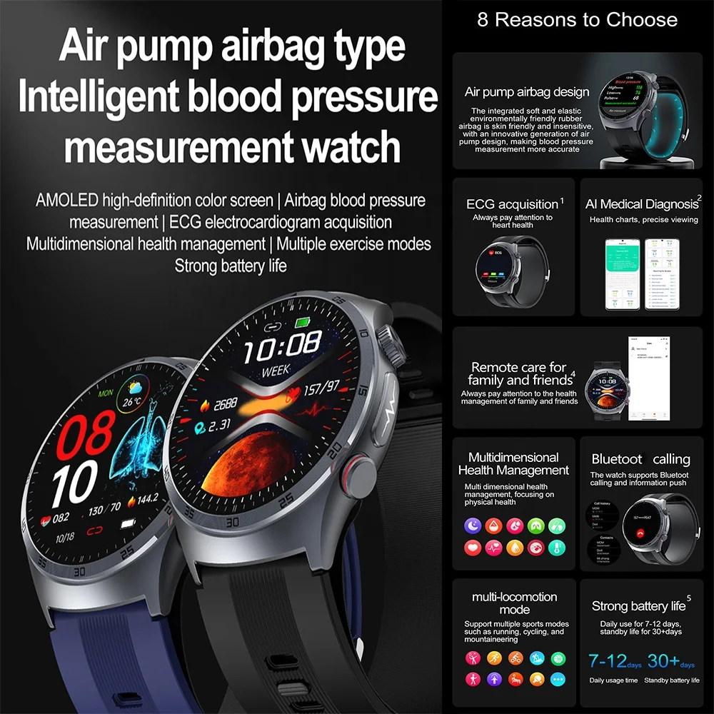 AMOLED NFC SmartWatch ECG Air Pump Balloon Precise Blood Pressure Voice Broadcast health monitoring Reloj Smart watch