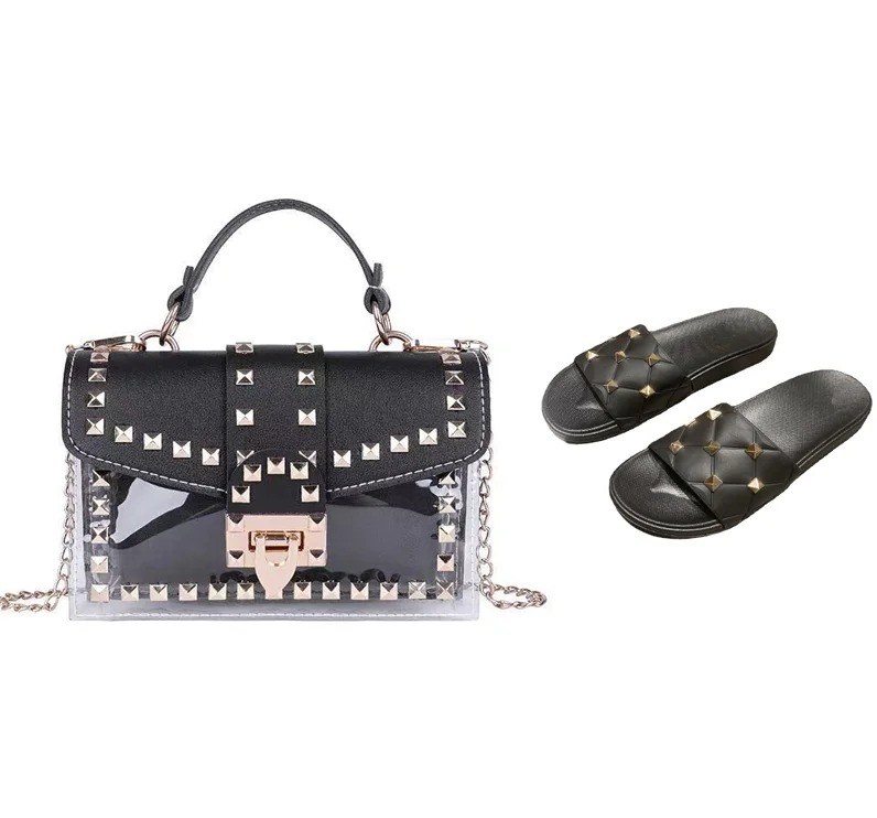 2022 hot sale fashion rivets clear ladies jelly bag shoulder crossbody chain handbags purse and shoe slippers set for women