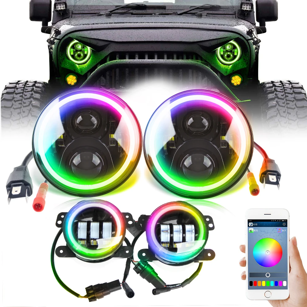 
App Control Chasing Color 4 Inch 4x4 Off Road Angel Eye Fog Light, Halo Ring Chasing 7 Inch Round RGB Led Headlight for JK JL TJ 