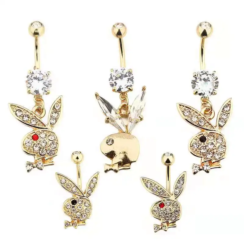 High quality hot stone gold rabbit rabbit shakes navel ring animal belly button ring