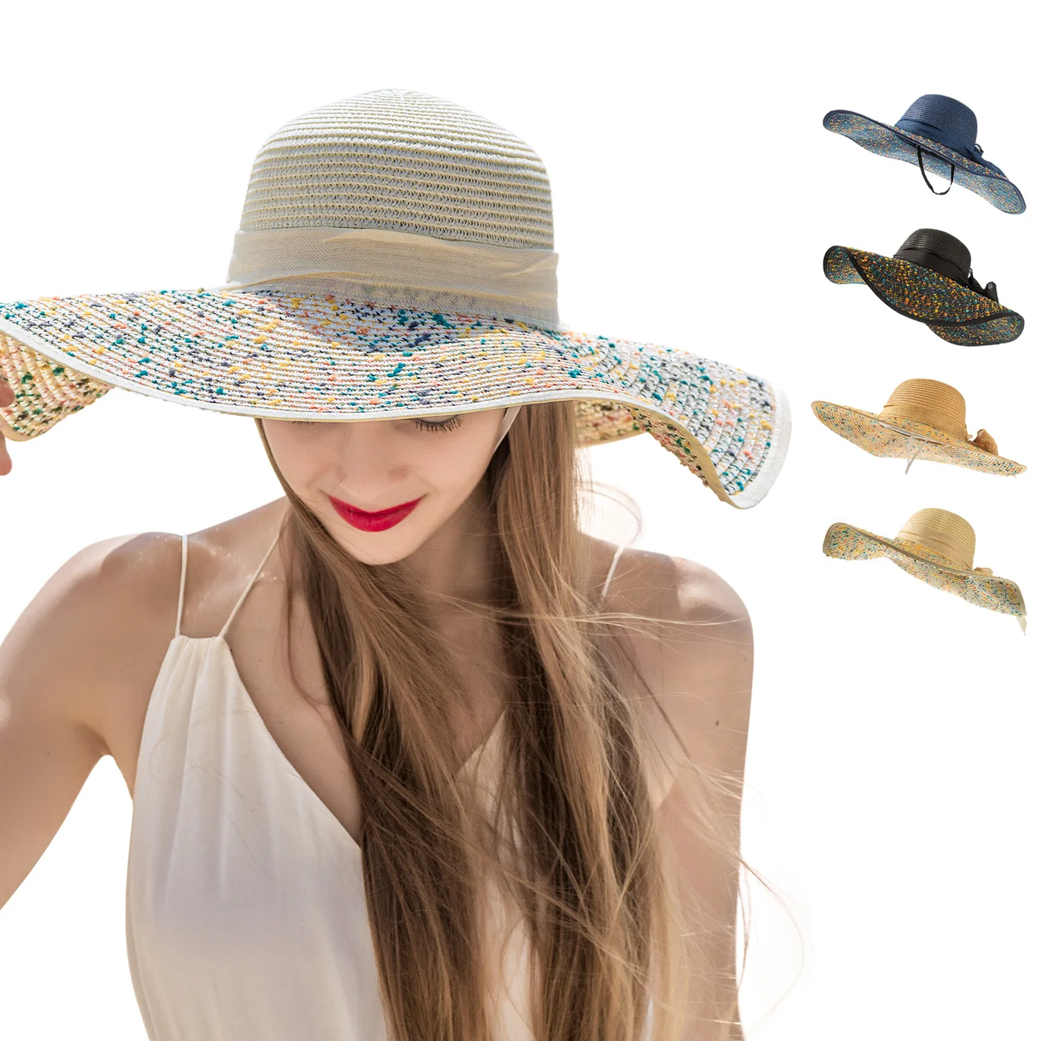 2021 Newest Summer Large Brim Straw Hat Women Bowknot Wide Brimmed Panama Hat INS Hot Outdoor Beach Sun Hat Oversize Cap