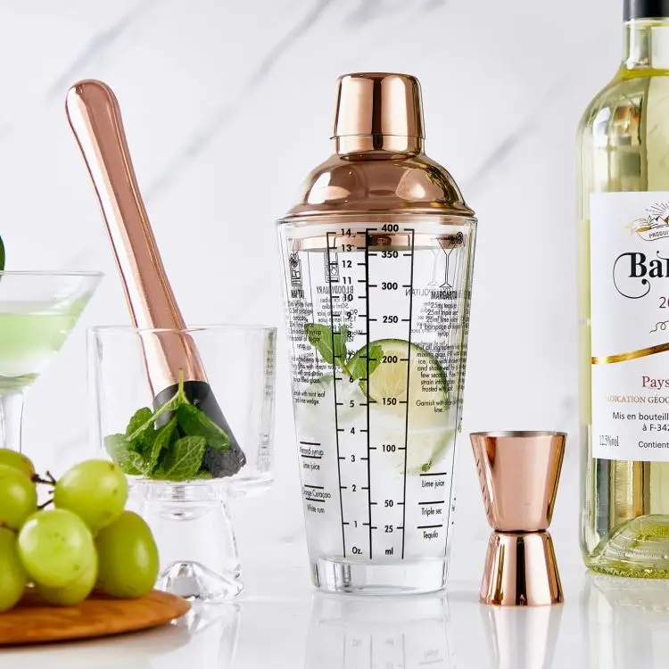 Custom Logo Cocktail Mixing Tools Stainless Steel Glass Colored Cocktail Shaker with Cocktail Recipes