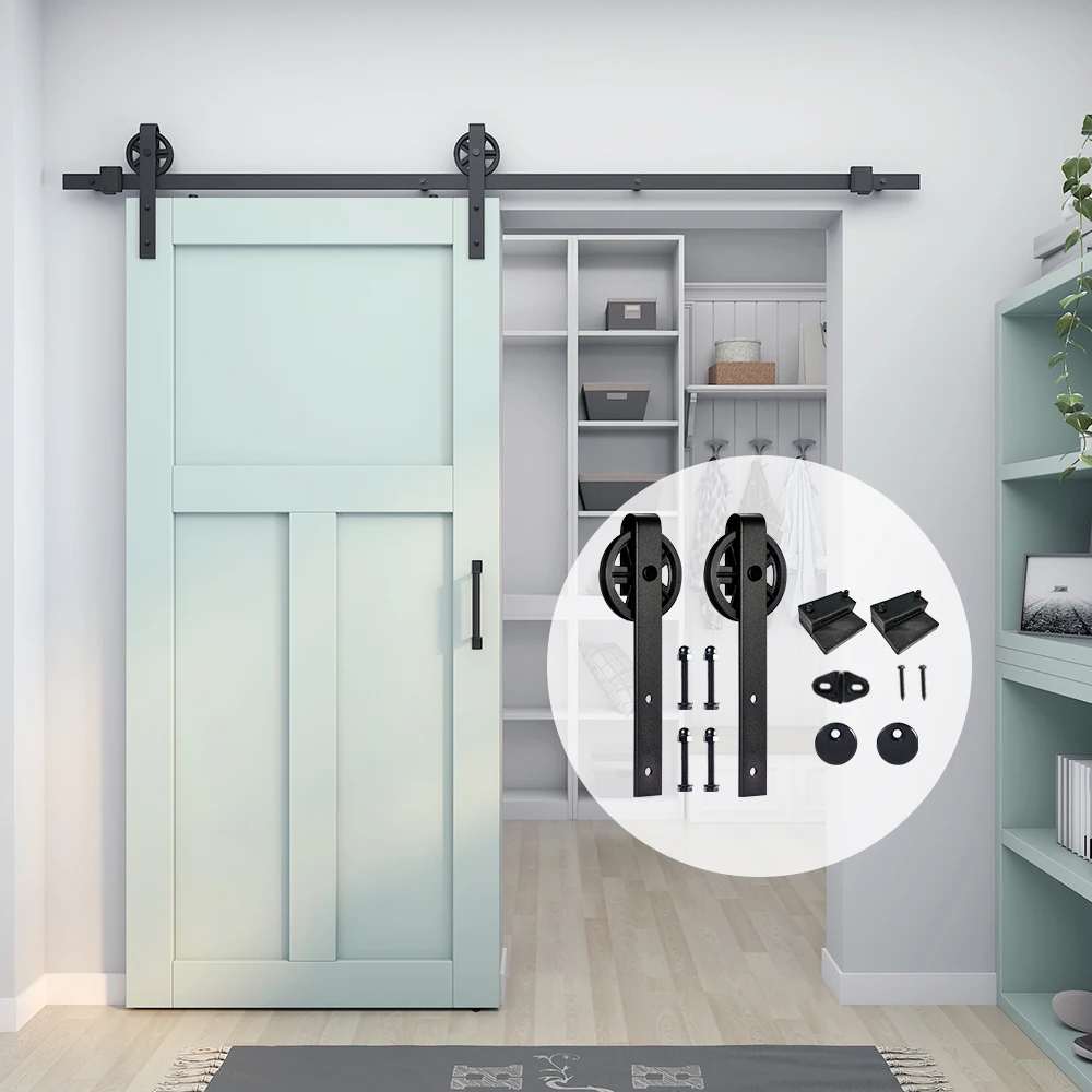 Modern Style Full Size Big Roll Wheel Black Carbon Steel Sliding Barn Door Hardware Kits For Interior Single Wooden Door