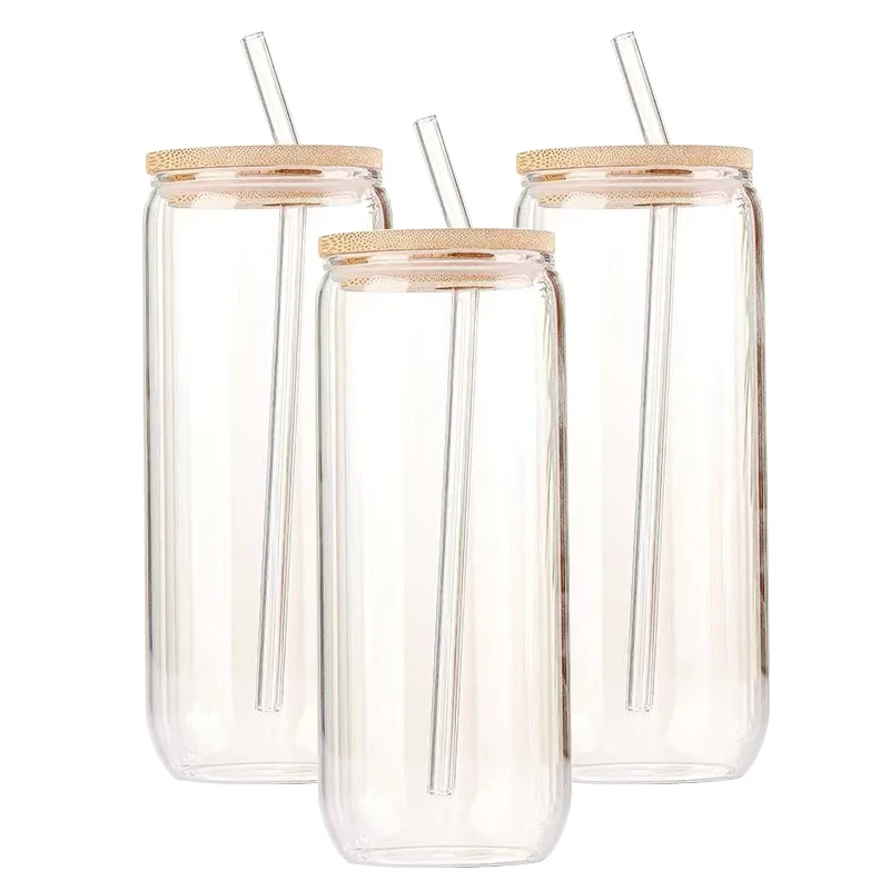 16oz Clear Sublimation Drinking Borosilicate Glass Beer Mug Can Shaped Glass Cup Mugs With Bamboo Lid And Straw