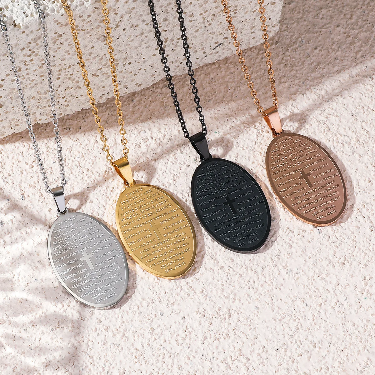 Stainless Steel Christian Jewelry Prayer Necklace Engraved Bible Verse Cross Necklace Faith Disc Medal Religious Necklace Women