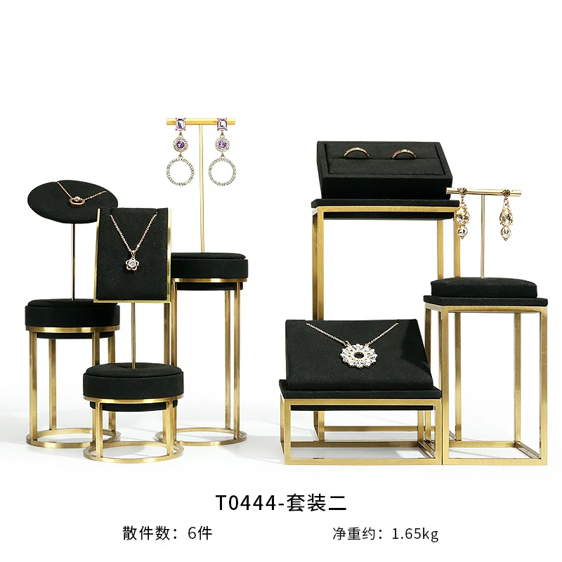 Luxury Large Exhibit Pendant Ring Necklace Holder Jewellery Display Stands Sets Black Metal Microfiber Jewelry Display Sets