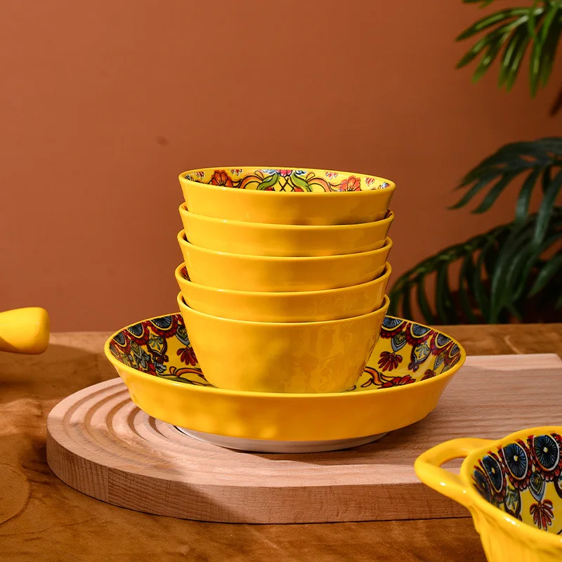 New Arrival Bohemian Dinnerware Set Household Ceramic Tableware Plate Yellow Flower Soup Bowl Dish Wholesale Retro