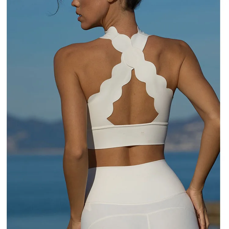 Custom Athletic Wear Workout Clothing Women Gym Fitness Sets Crossover Scallop Sports Bra High Waist Leggings 2 Piece Yoga Set