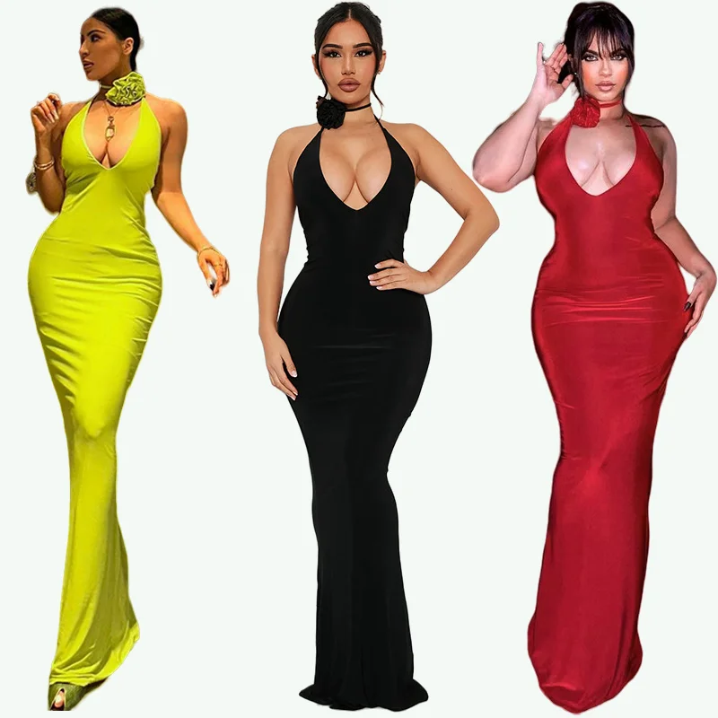 Женская одежда 2023 весеннее новое модное сексуальное однотонное платье с V-образным вырезом на бретелях