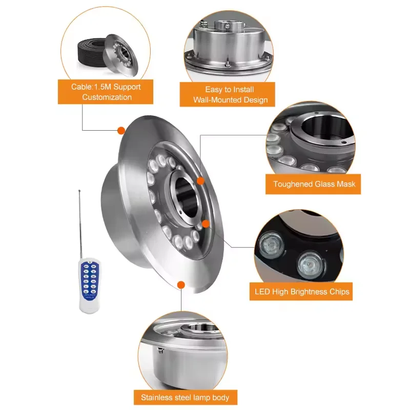 Changeable Underwater Led Fountain Lights Stainless Steel ABS Button Remote Control Ip68 Color Led Ring  Fountain lights