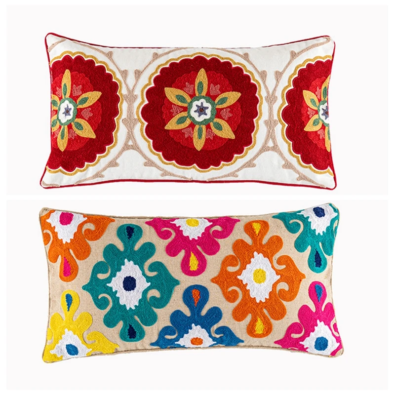 2024 Ethnic Boho Pillow Covers  Bohemian Carpet Vintage Romantic Coral Floral Embroidery Decorative Cotton Tassel Pillow Cases