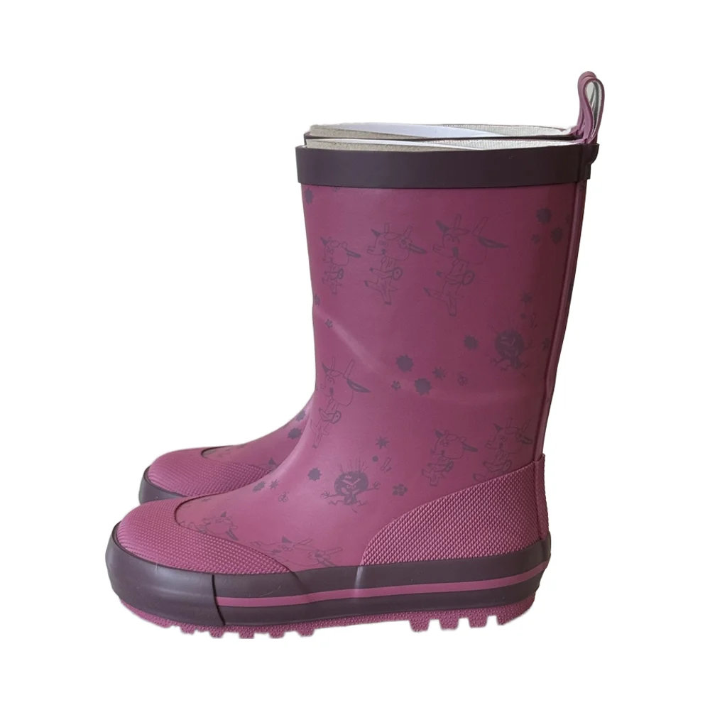 Pink Kids Summer Rain Boots Lightweight Anti-Slip Rubber Gumboots with Waterproof Cotton Fabric Lining Lighted Insole