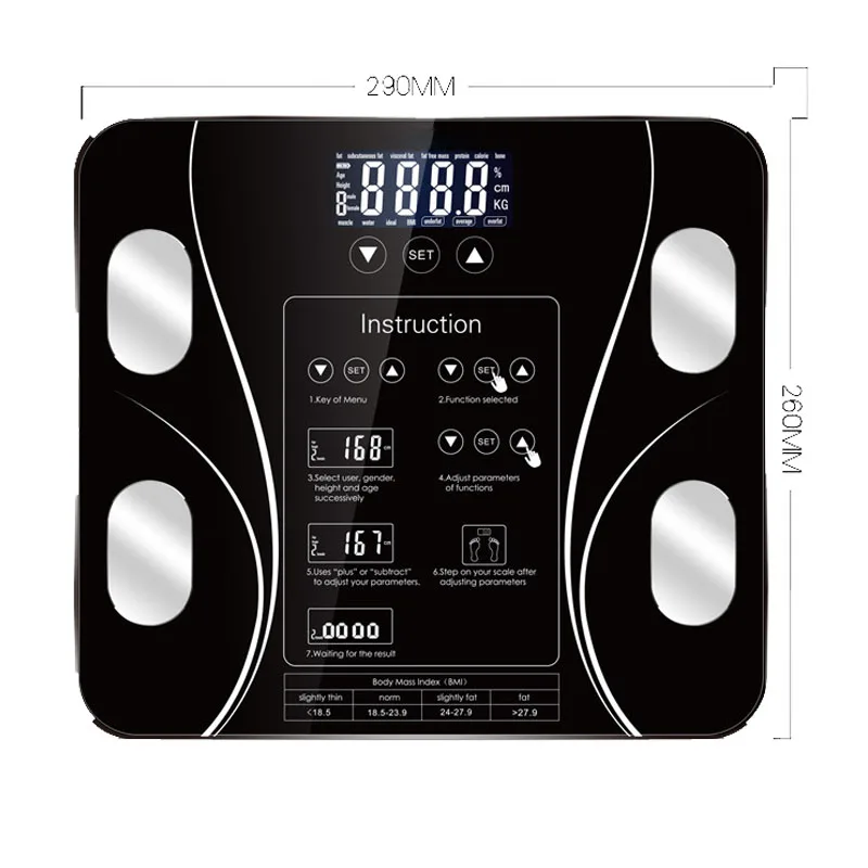 LCD Display Portable Bluetooth Body Fat Scale Tempered Glass Digital Weighing Scale with Battery Power