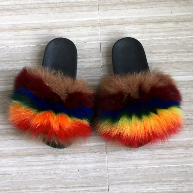 
2021 Summer Shoes Big Real Fox Fur Slides High Quality PVC Sole Wholesale with Fluffy Luxury Ladies Fox Fur Slippers 