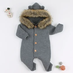 Unisex Baby Rompers Spring Autumn Knitwear Toddler Clothes Raccoon Fur Trim Hooded Newborn Baby Rompers Winter