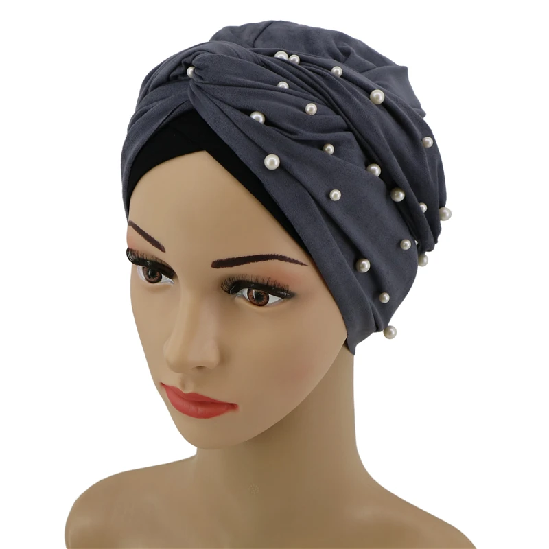 Wholesale High Quality easy to wear hijab turban with pearl New fashion turkey suede turban head scarf women instant hijab cap