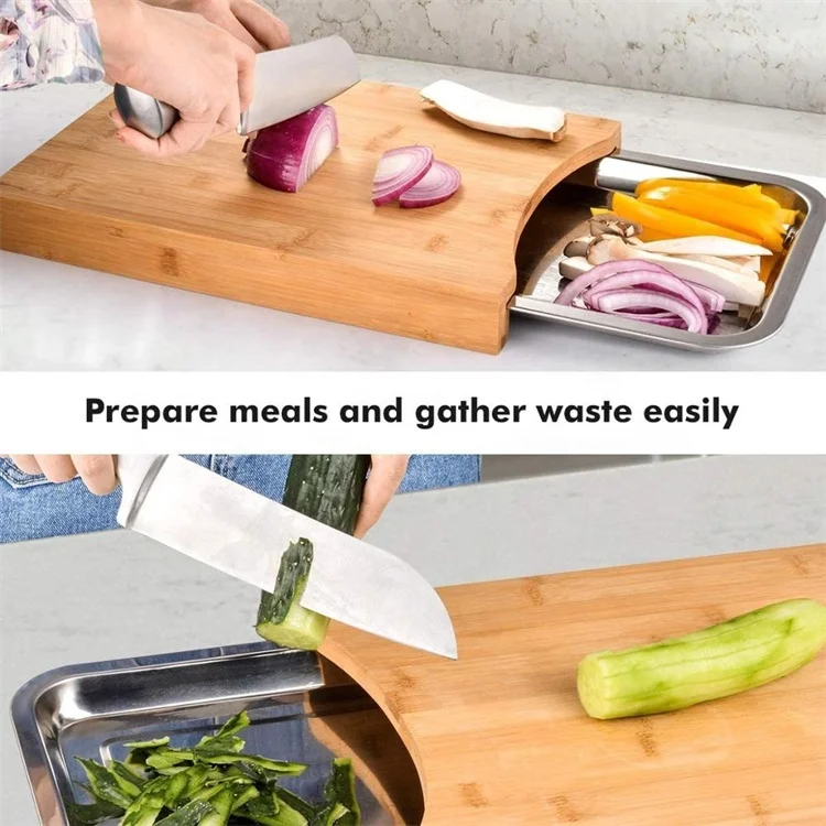 Kitchen Eco-friendly Bamboo Cutting Board With Sliding Stainless Steel Tray Drawer Bamboo Chopping Board