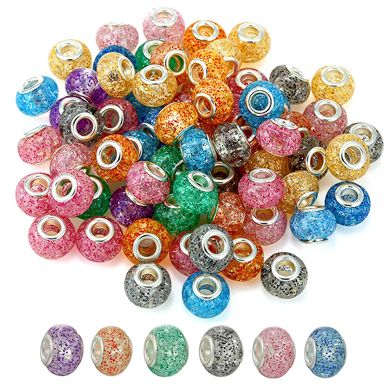 SOJI Fashionable 14mm Mixed Color Resin Sparkling Starry Sky Beads Embedded glitter 5mm Large Hole Beads For Jewelry Making