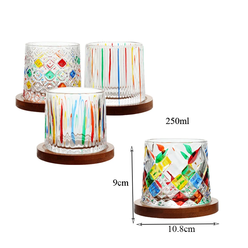 2021 hot sale rainbow whisky wine goblets colorful crystal clear glass wine glasses cups with bamboo base wholesale