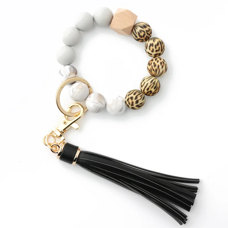 Wholesale round food grade silicone beads wristlet bracelet keychain with leather tassel