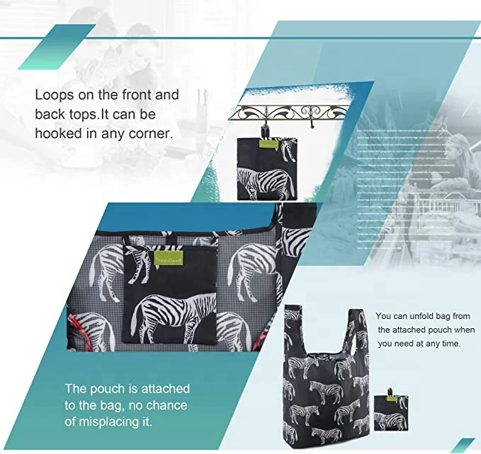 Custom Logo Big Supermarket Foldable Shopping polyester bag into Pouch Eco Friendly  Rpet Tote Reusable Grocery Bags