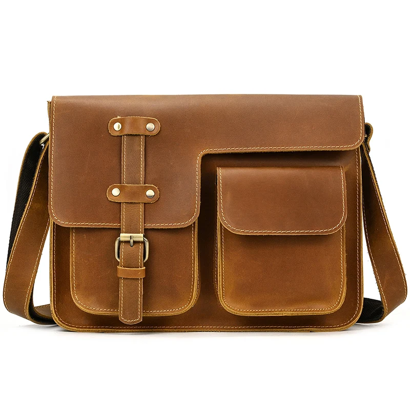 Mens Cow Leather Shoulder Bag Vintage Brown A4 Crazy Horse Leather Messenger Bag Big Crossbody Briefcase Bag