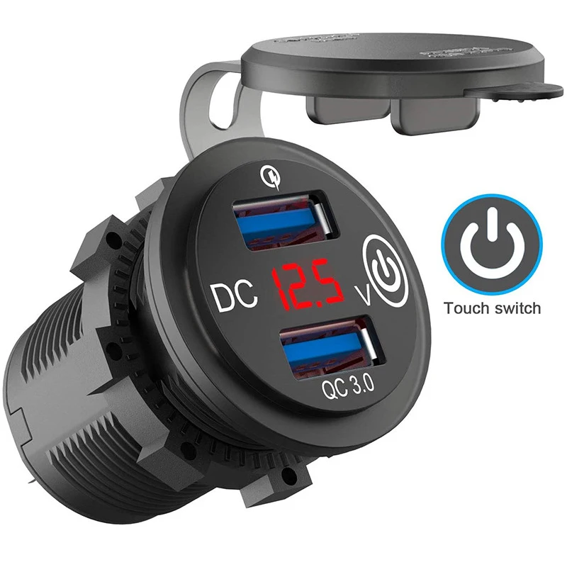 12V dual port bus boat marine car charger with power switch voltmeter