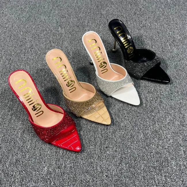 Stylish Pointed toe shoes stiletto heels slippers for women Sexy Beauty Shiny ladies slippers